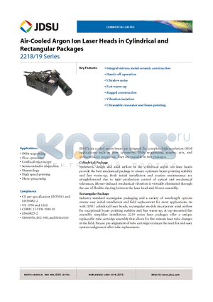 2218-020SLS datasheet - Air-Cooled Argon Ion Laser Heads in Cylindrical and Rectangular Packages