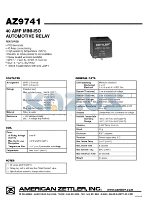 AZ9741 datasheet - 40 AMP MINI-ISO AUTOMOTIVE RELAY