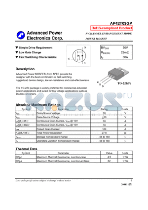 AP42T03GP datasheet - Simple Drive Requirement Low Gate Charge