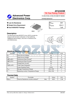 AP4232GM datasheet - N-CHANNEL ENHANCEMENT MODE POWER MOSFET