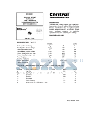 CMKD6001 datasheet - SURFACE MOUNT ULTRAmini TRIPLE ISOLATED LOW LEAKAGE SILICON SWITCHING DIODES
