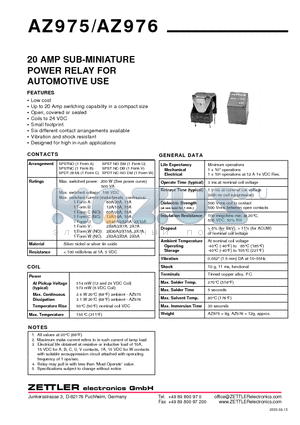 AZ975 datasheet - 20 AMP SUB-MINIATURE POWER RELAY FOR AUTOMOTIVE USE