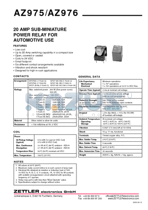 AZ975-1C-12D datasheet - 20 AMP SUB-MINIATURE POWER RELAY FOR AUTOMOTIVE USE