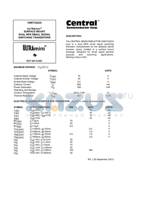 CMKT2222A datasheet - ULTRAminiTM SURFACE MOUNT DUAL NPN SMALL SIGNAL SWITCHING TRANSISTORS