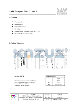 222002B datasheet - SAW Bandpass Filter