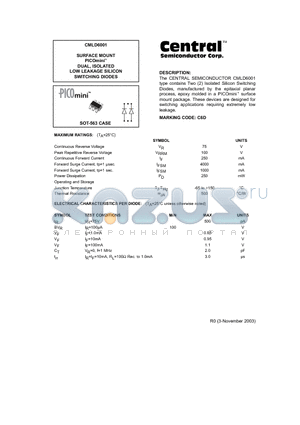 CMLD6001 datasheet - SURFACE MOUNT PICOmini DUAL, ISOLATED LOW LEAKAGE SILICON SWITCHING DIODES