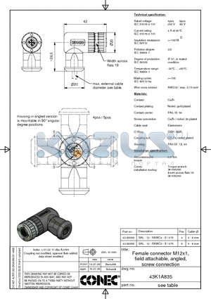 43-00096 datasheet - Female connector M12x1, field attachable, angled, screw connection
