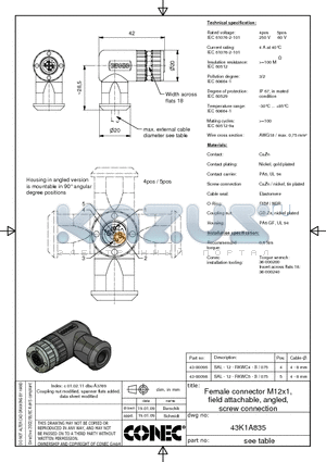 43-00098 datasheet - Female connector M12x1, field attachable, angled, screw connection