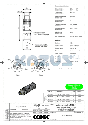 43-00099 datasheet - Male connector M12x1, field attachable, axial, screw connection