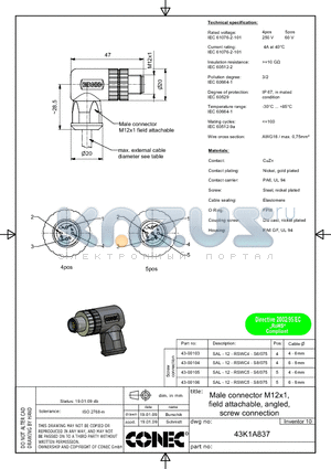 43-00105 datasheet - Male connector M12x1 field attachable, angled, screw connection