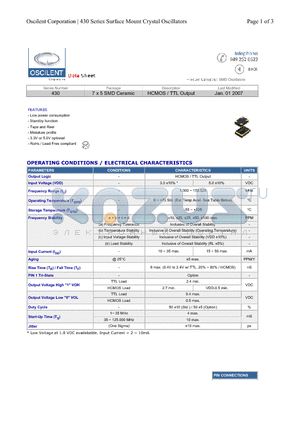 430-2.0M-1JC-T datasheet - 7 x 5 SMD Ceramic HCMOS / TTL Output