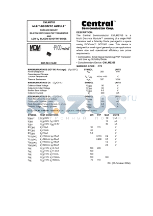 CMLM0705 datasheet - MULTI DISCRETE MODULE SURFACE MOUNT SILICON SWITCHING PNP TRANSISTOR AND LOW VF SILICON SCHOTTKY DIODE