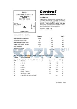 CMLSH-4 datasheet - SURFACE MOUNT PICOmini  DUAL, ISOLATED SILICON SCHOTTKY DIODES