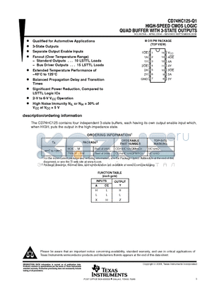 CD74HC125-Q1 datasheet - HIGH-SPEED CMOS LOGIC QUAD BUFFER WITH 3-STATE OUTPUTS