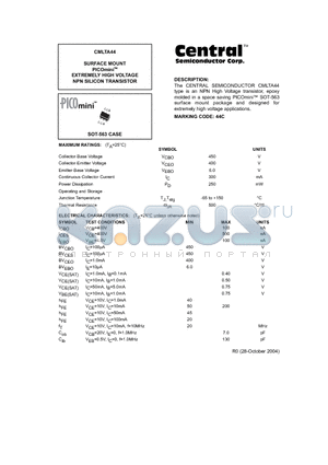 CMLTA44 datasheet - SURFACE MOUNT PICOmini EXTREMELY HIGH VOLTAGE NPN SILICON TRANSISTOR