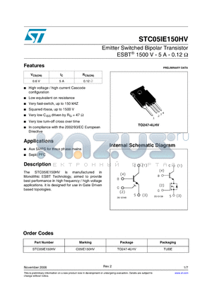 C05IE150HV datasheet - Emitter Switched Bipolar Transistor ESBT 1500 V - 5 A - 0.12 ohm