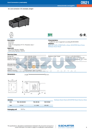 4300.0921 datasheet - IEC cord connector C19, rewirable, straight