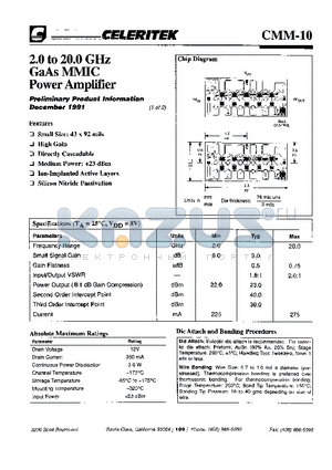 CMM-10 datasheet - 2.0 TO 20.0 GHz GAAS MMIC POWER AMPLIFIER