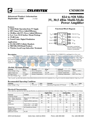 CMM0330 datasheet - 824 to 928 MHz 3V, 30.5 dBm Multi-Mode Power Amplifier