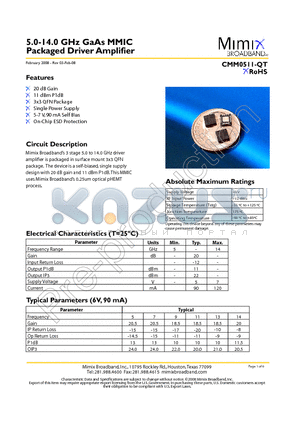 CMM0511-QT datasheet - 5.0-14.0 GHz GaAs MMIC Packaged Driver Amplifier