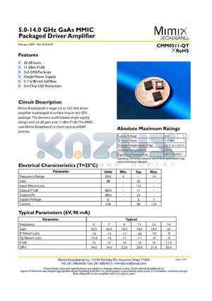 CMM0511-QT-0G00 datasheet - 5.0-14.0 GHz GaAs MMIC Packaged Driver Amplifier