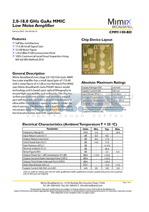 CMM1100-BD datasheet - 2.0-18.0 GHz GaAs MMIC