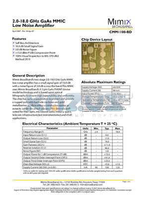 CMM1100-BD-000V datasheet - 2.0-18.0 GHz GaAs MMIC Low Noise Amplifier