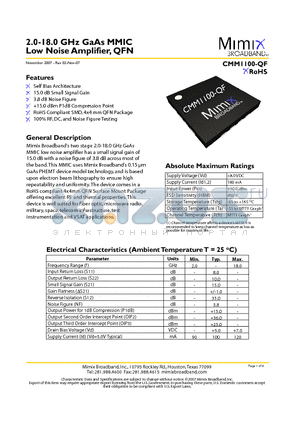CMM1100-QF datasheet - 2.0-18.0 GHz GaAs MMIC Low Noise Amplifier, QFN