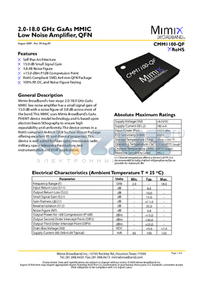 CMM1100-QF datasheet - 2.0-18.0 GHz GaAs MMIC