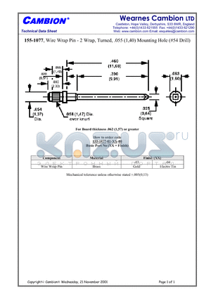 155-1077 datasheet - Wire Wrap Pin - 2 Wrap, Turned, .055 (1,40) Mounting Hole (#54 Drill)