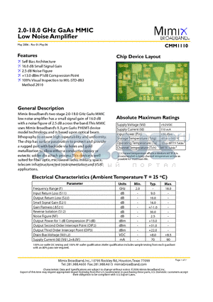 CMM1110 datasheet - 2.0-18.0 GHz GaAs MMIC Low Noise Amplifier