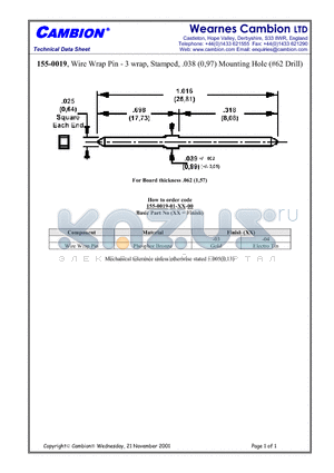 155-0019 datasheet - Wire Wrap Pin - 3 wrap, Stamped, .038 (0,97) Mounting Hole (#62 Drill)
