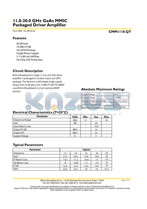 CMM1118-QT-0G00 datasheet - 11.0-20.0 GHz GaAs MMIC Packaged Driver Amplifier