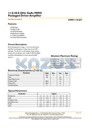 CMM1118-QT datasheet - 11.0-20.0 GHz GaAs MMIC Packaged Driver Amplifier
