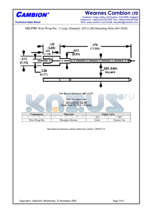 155-3759 datasheet - Wire Wrap Pin - 2 wrap, Stamped, .039 (1,00) Mounting Hole (#61 Drill)