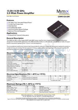 CMM1431-SM datasheet - 13.50-14.50 GHz 2.5-Watt Power Amplifier