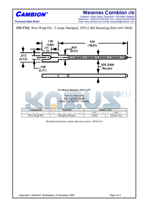 155-3763 datasheet - Wire Wrap Pin - 3 wrap, Stamped, .039 (1,00) Mounting Hole (#61 Drill)