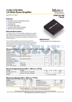 CMM1434-SM-000T datasheet - 13.50-14.50 GHz 2.5-Watt Power Amplifier