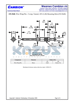 155-3848 datasheet - Wire Wrap Pin - 2 wrap, Turned, .055 (1,40) Mounting Hole (#54 Drill)