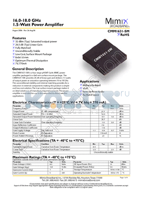 CMM1631-SM-0G00 datasheet - 16.0-18.0 GHz 1.5-Watt Power Amplifier