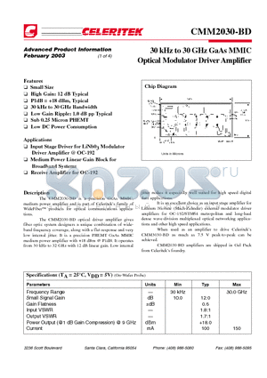 CMM2030 datasheet - 30 KHZ TO 30 GHZ GAAS MMIC OPTICAL MODULATOR DRIVER AMPLIFIER