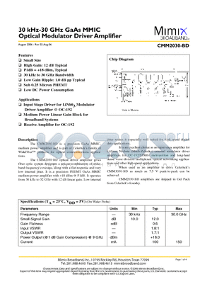 CMM2030-BD datasheet - 30 kHz-30 GHz GaAs MMIC Optical Modulator Driver Amplifier