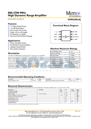 CMM2308-AJ-0G00 datasheet - 800-2700 MHz High Dynamic Range Amplifier