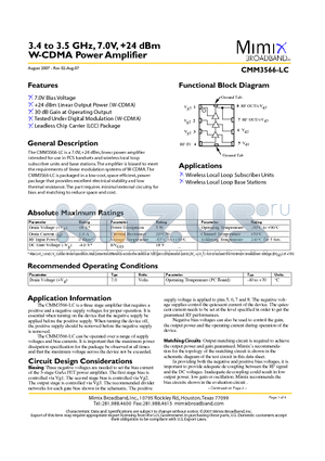 CMM3566-LC-000T datasheet - 3.4 to 3.5 GHz, 7.0V, 24 dBm W-CDMA Power Amplifier