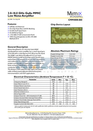 CMM4000-BD-000X datasheet - 2.0-18.0 GHz GaAs MMIC Low Noise Amplifier