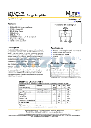 CMM6001-SC-0G0T datasheet - 0.05-3.0 GHz High Dynamic Range Amplifier