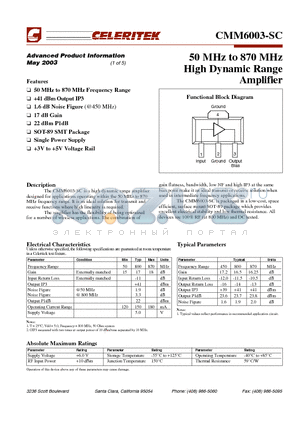 CMM6003-SC datasheet - 50MHz to 870 MHz High Dynamic Range Amplifier