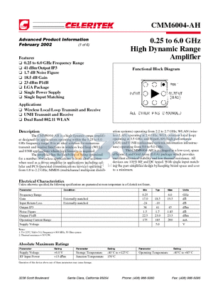 CMM6004-AH datasheet - 0.25 to 6.0 GHz High Dynamic Range Amplifier