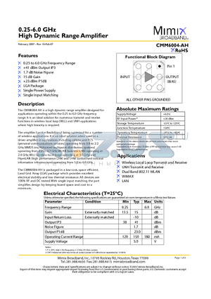 CMM6004-AH-000T datasheet - 0.25-6.0 GHz High Dynamic Range Amplifier