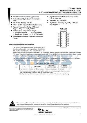 CD74HC138QM96Q1 datasheet - HIGH-SPEED CMOS LOGIC 3- TO 8-LINE INVERTING DECODER/DEMULTIPLEXER